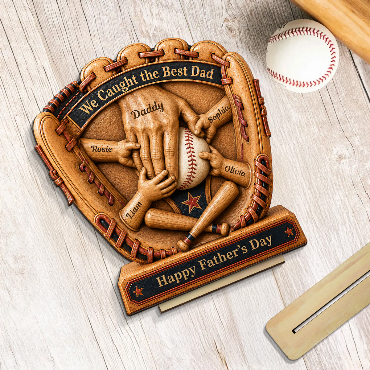 Baseball Glove Dad & Kids' Hands - Personalized 2-Layered Wooden Plaque - Gift For Dad, Husband