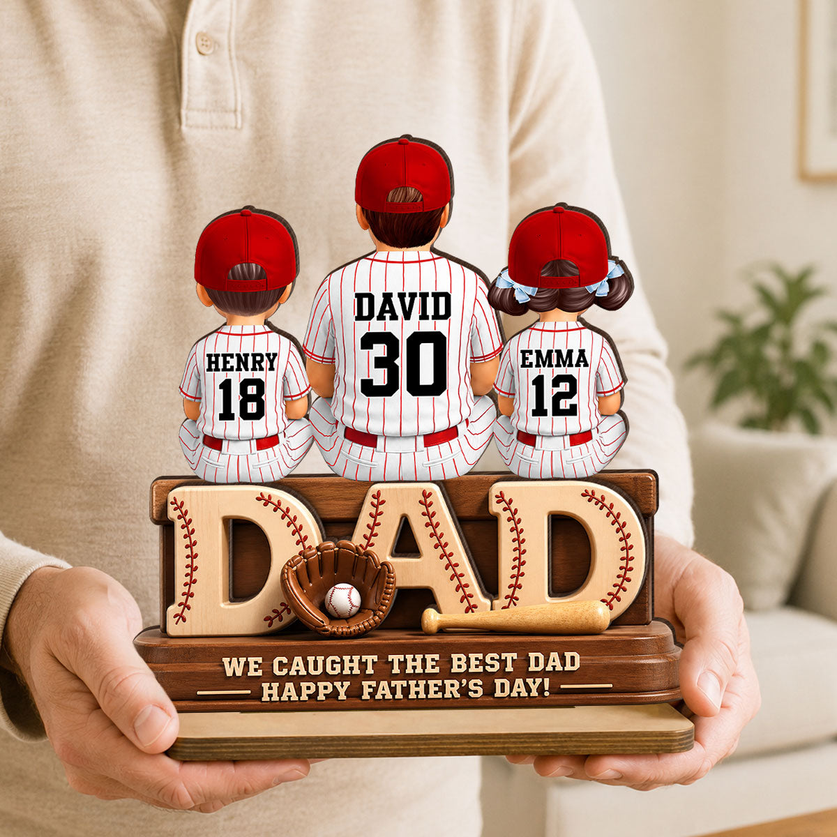 We Caught the Best Baseball Dad, Dad & Kids Back View - Personalized 2-Layered Wooden Plaque - Gift for Dad, Husband