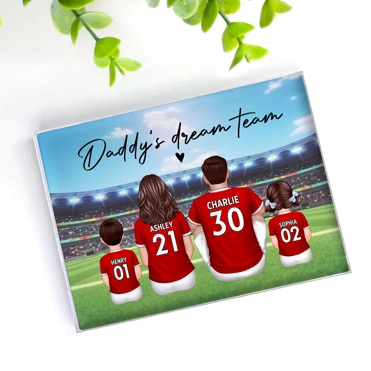 Daddy's Team Soccer Family Sitting Back View Personalized Acrylic Block, Gift