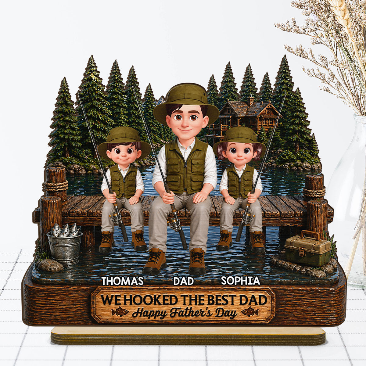 Fishing We Hooked The Best Dad - Personalized 2-Layered Wooden Plaque - Gift For Fishing Dad, Fishing Lovers