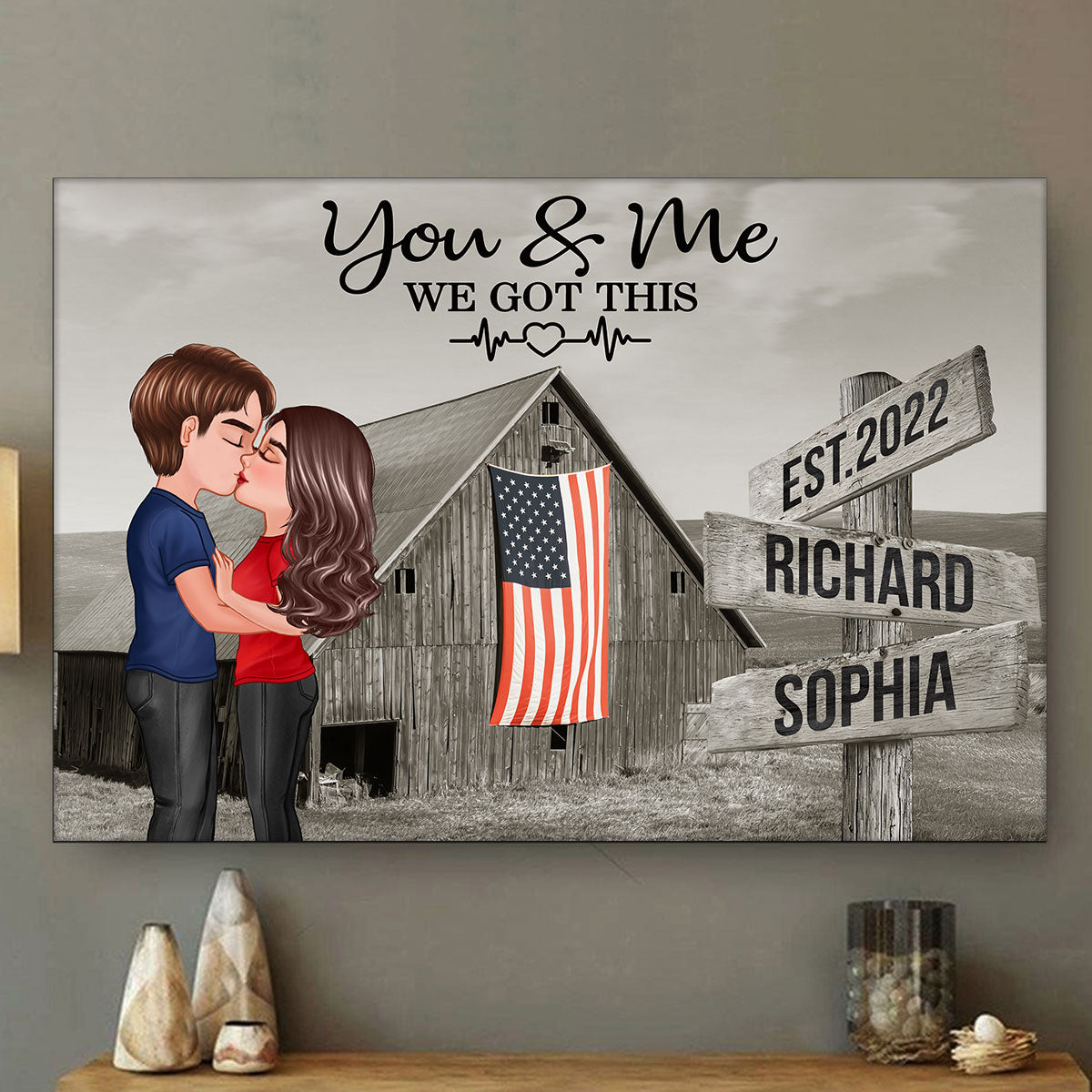 Retro Barn American Flag Thin Blue Line Hero Couple Personalized Poster, Anniversary Gift For Him, Her, Husband, Wife, Proud Occupation