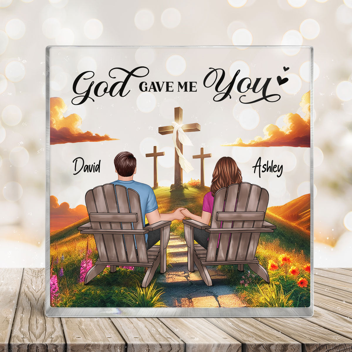 Cross God Knew My Heart Needed You Old Couple Sitting Together Personalized Acrylic Block Plaque, Anniversary Gift For Him, Her, Husband, Wife