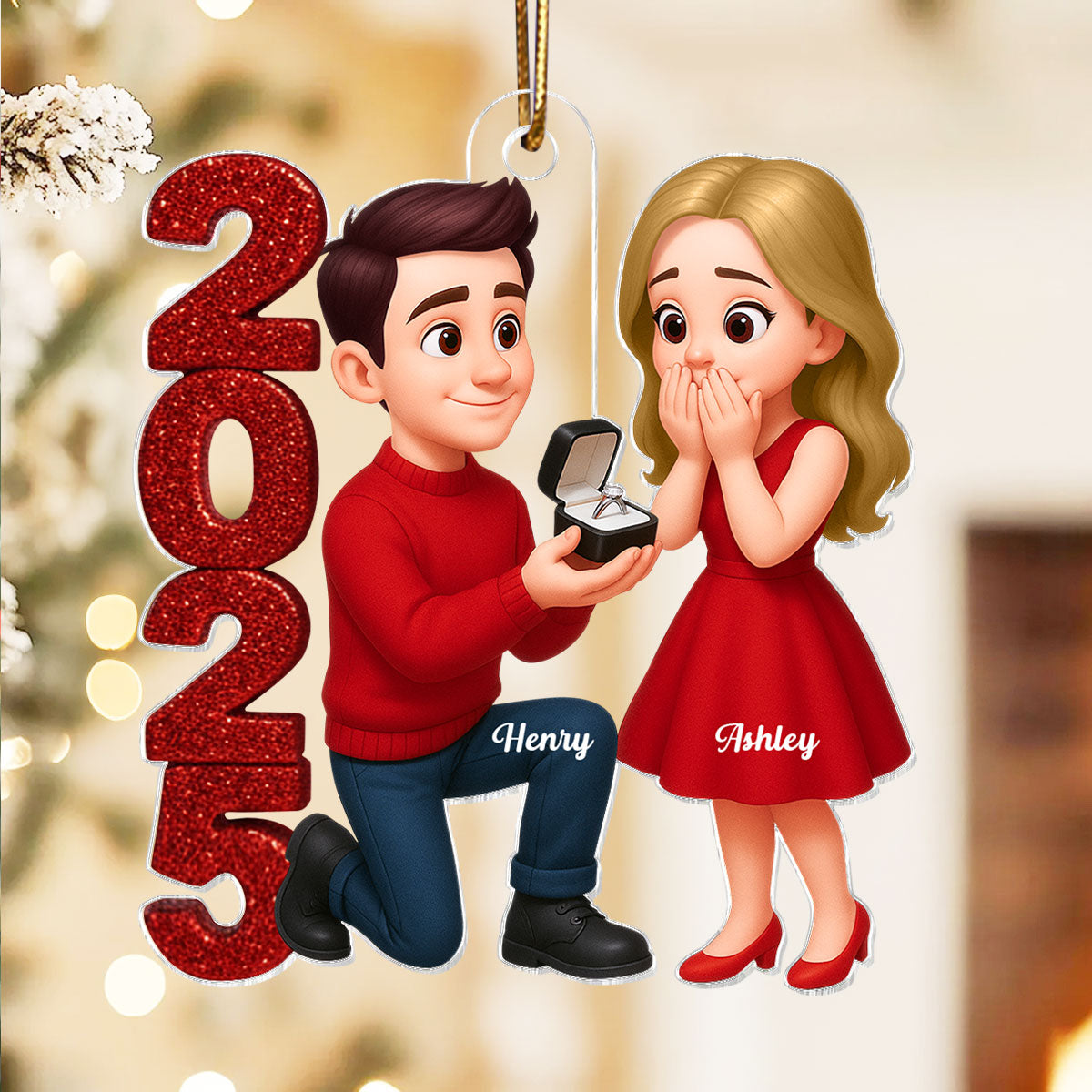 3D Glitter Effect 2025 Marriage Proposal Couple - Personalized Acrylic Ornament - Newly Engaged Gift, ""She Said Yes!"" Ornament
