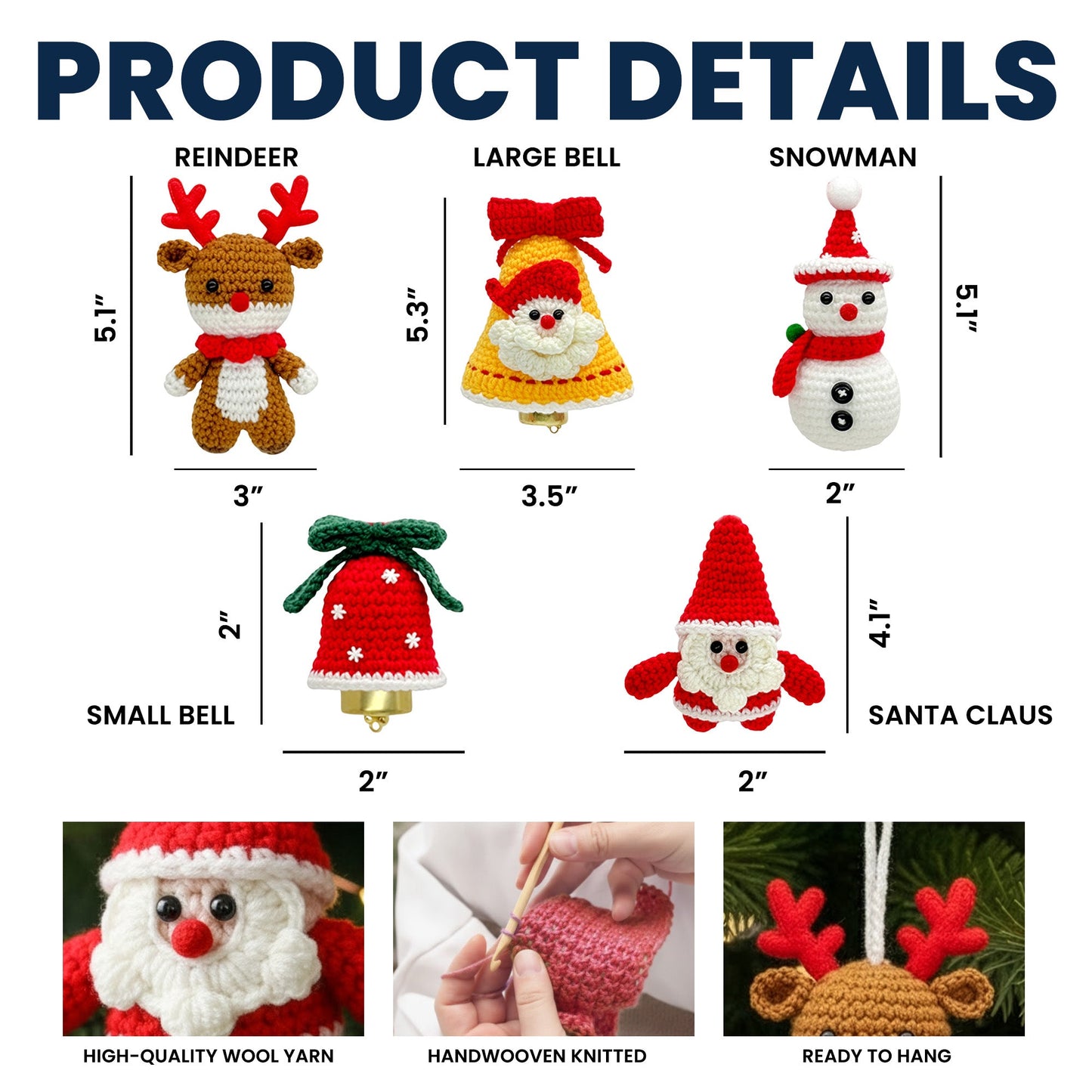 Handmade Cute Santa Claus Reindeer Snowman Christmas Bell - Crochet Ornament