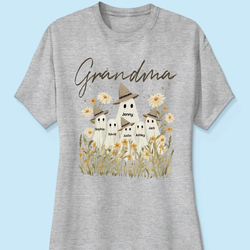 Cute Ghost Grandma And Kids In Wildflowers Spooky Fall Personalized Sweatshirt