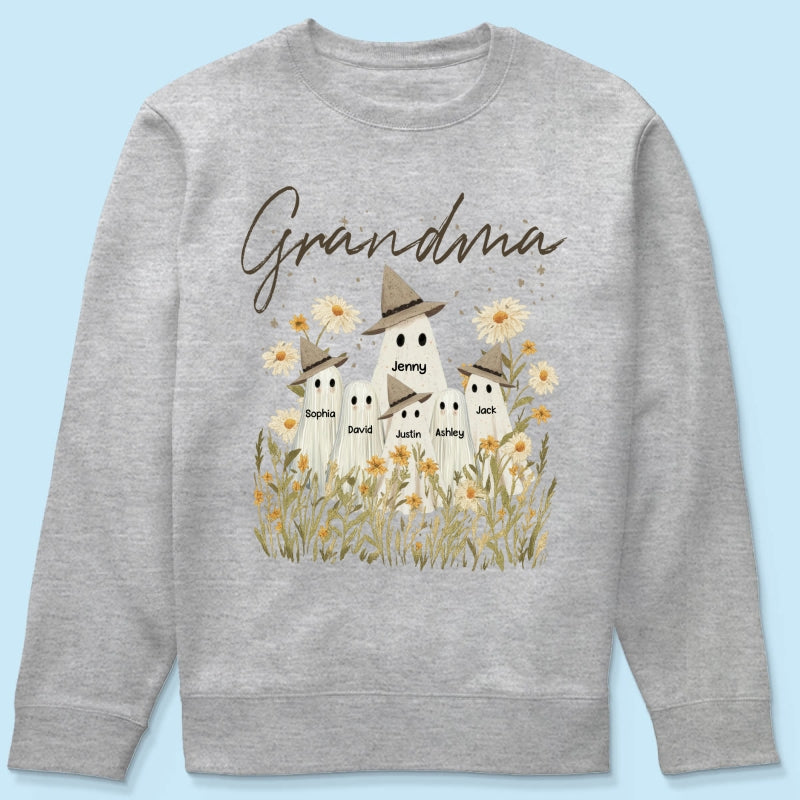 Cute Ghost Grandma And Kids In Wildflowers Spooky Fall Personalized Sweatshirt