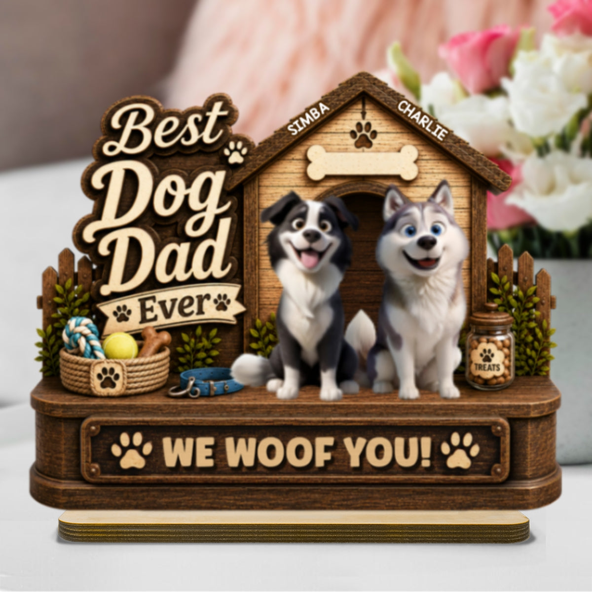 Best Dog Dad Ever Cute Dogs 2D Flat - Personalized 2-Layered Wooden Plaque - Gift For Dog Dad
