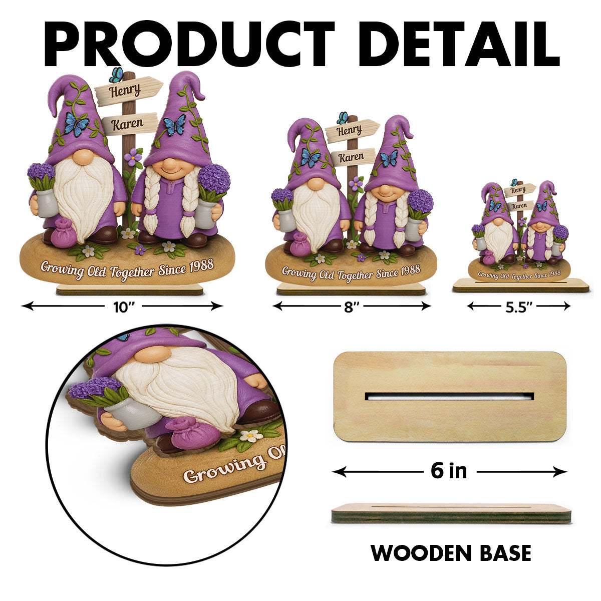 Lavender Gnome Couple - Personalized Standing Wooden Plaque - Gift for Couple, for Him, for Her