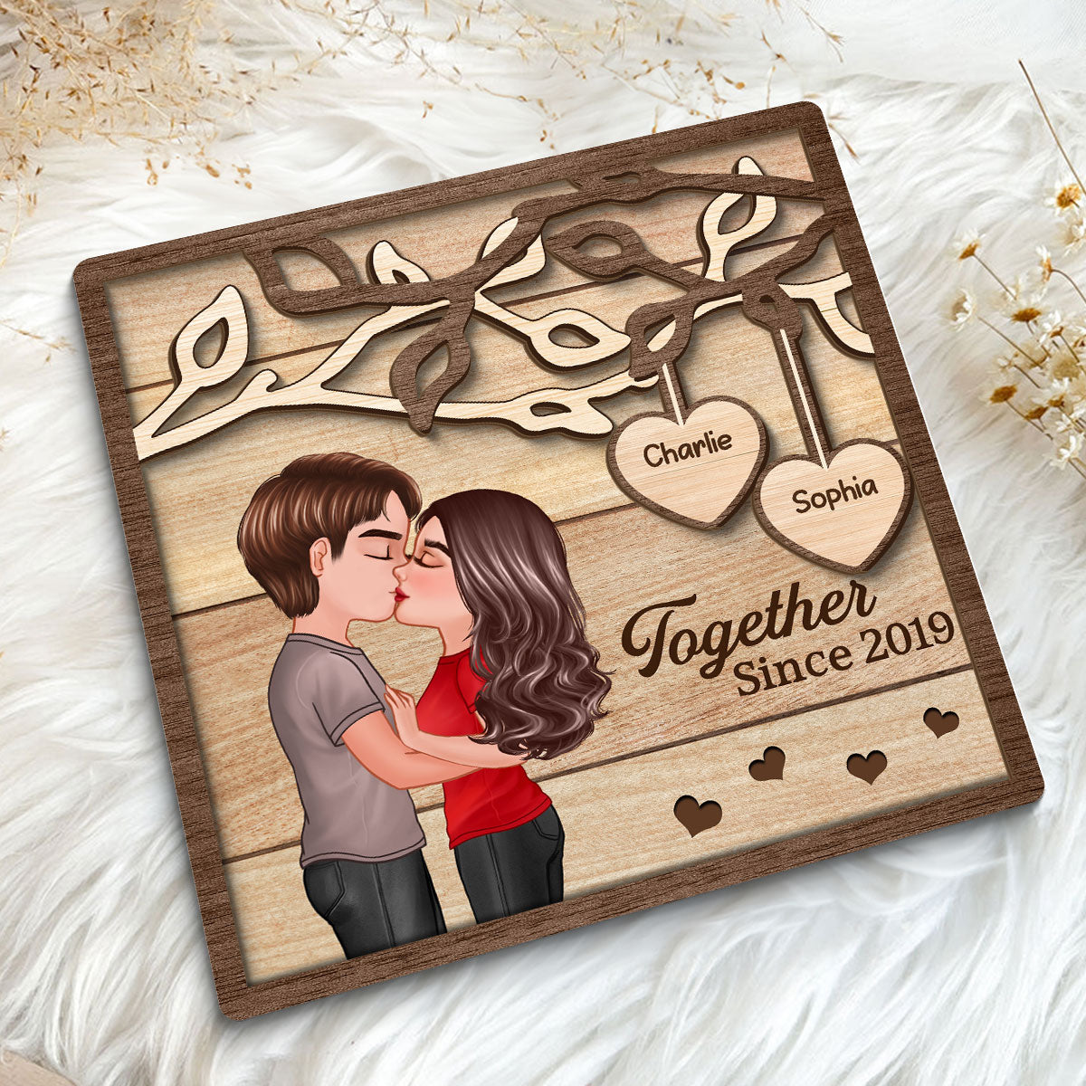 Couple Kissing Under Tree Personalized 2-Layer Wooden Plaque, Gift for Him, Gift for Her