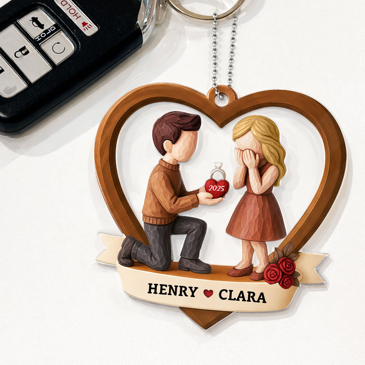 Couple Marriage Proposal 3D Wooden Effect - Personalized Acrylic Car Hanger - Newly Engaged Gift, ""She Said Yes!""