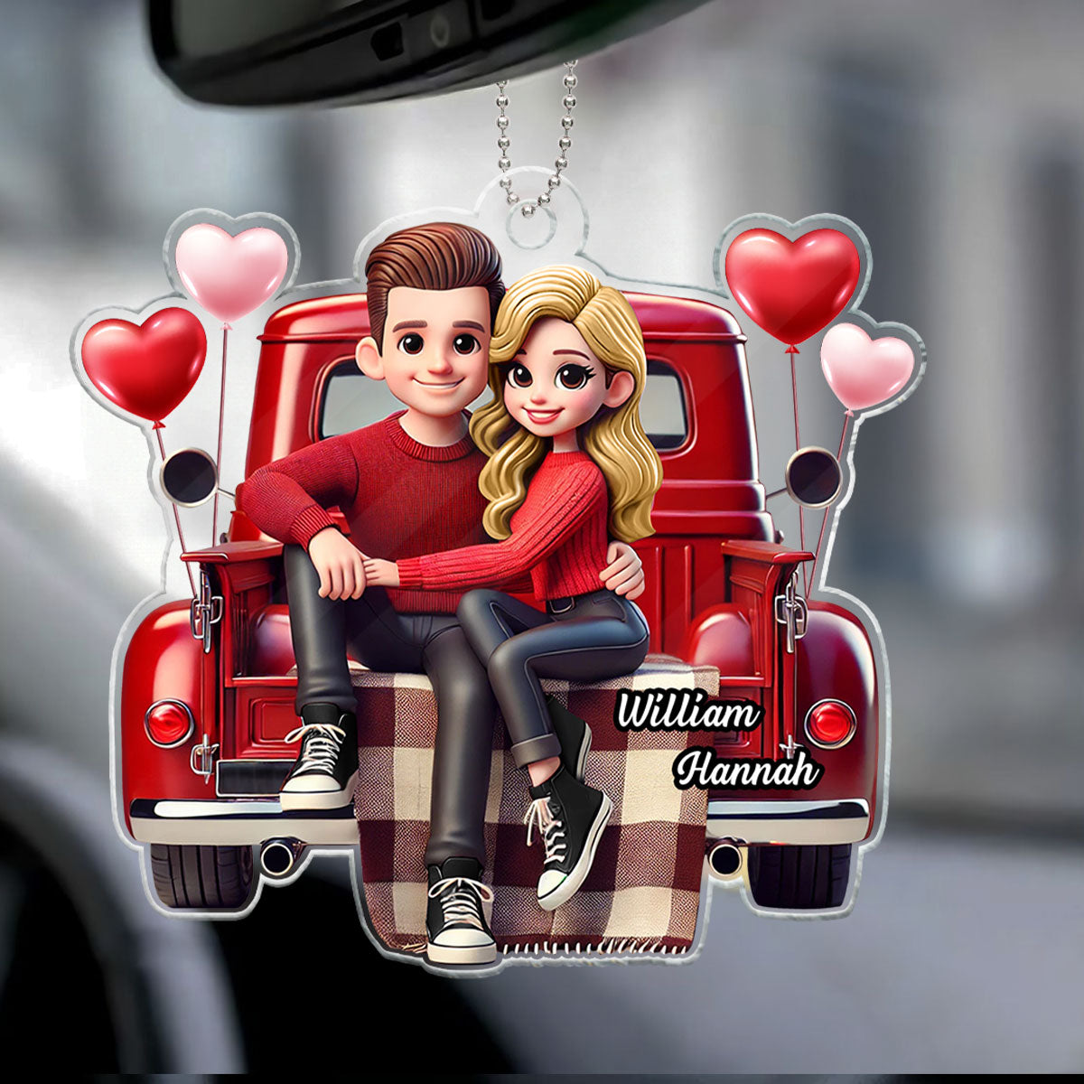 3D Effect Couple Sitting On Red Truck Personalized Acrylic Car Hanger, Gift, Anniversary Gift For Couples