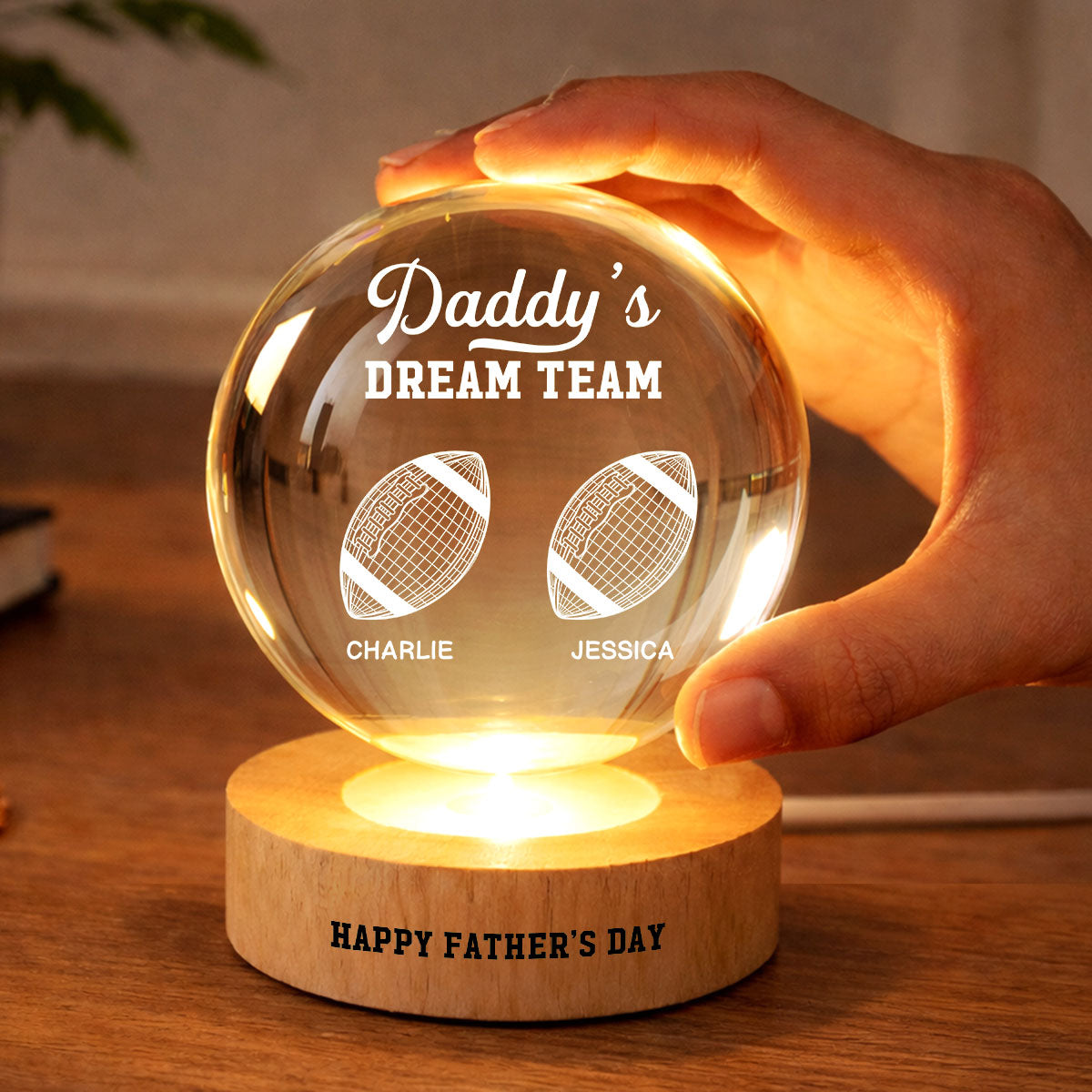 American Football Daddy's Dream Team Illusion Style - Personalized Crystal Ball LED Night Light - Gift For Dad, Husband