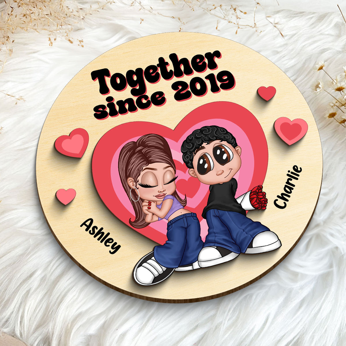 Y2K Couple Hearts Personalized 2-layer Wooden Plaque, Unique Valentine's Day Gift For Him, Gift For Her