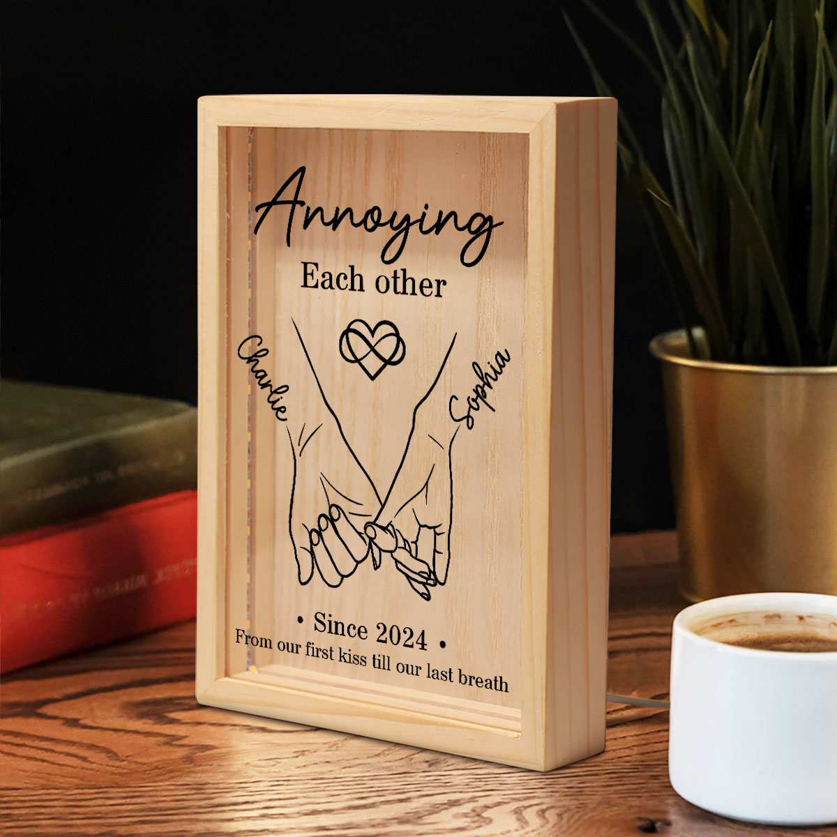 Couple Hand in Hand Outline Gift Personalized Wooden Frame LED Light Box