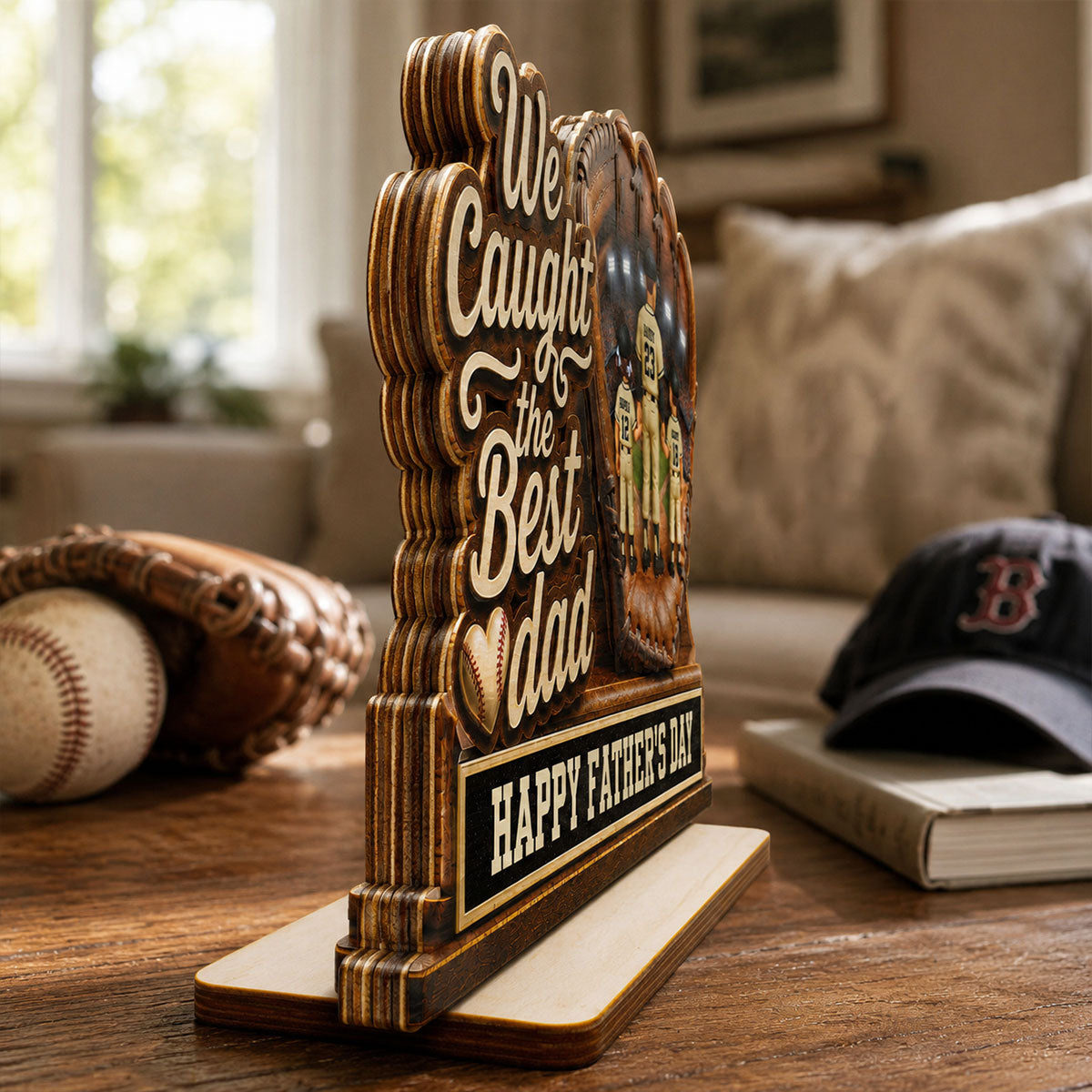 We Caught The Best Dad Dad & Kids In Glove - Personalized 2-Layered Wooden Plaque - Happy For Baseball Dad