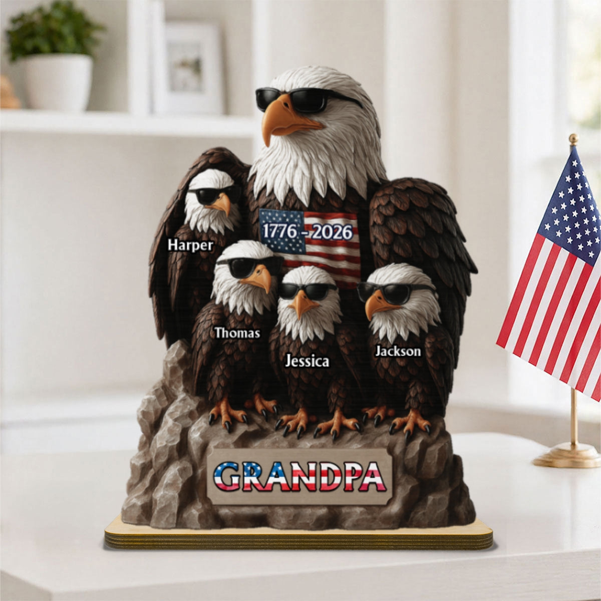 America 250th Anniversary Patriotic Eagle Grandpa Dad & Kids - Personalized 2-Layered Wooden Plaque - Gift, 250th Anniversary Gift, Keepsake For Grandpa, Dad