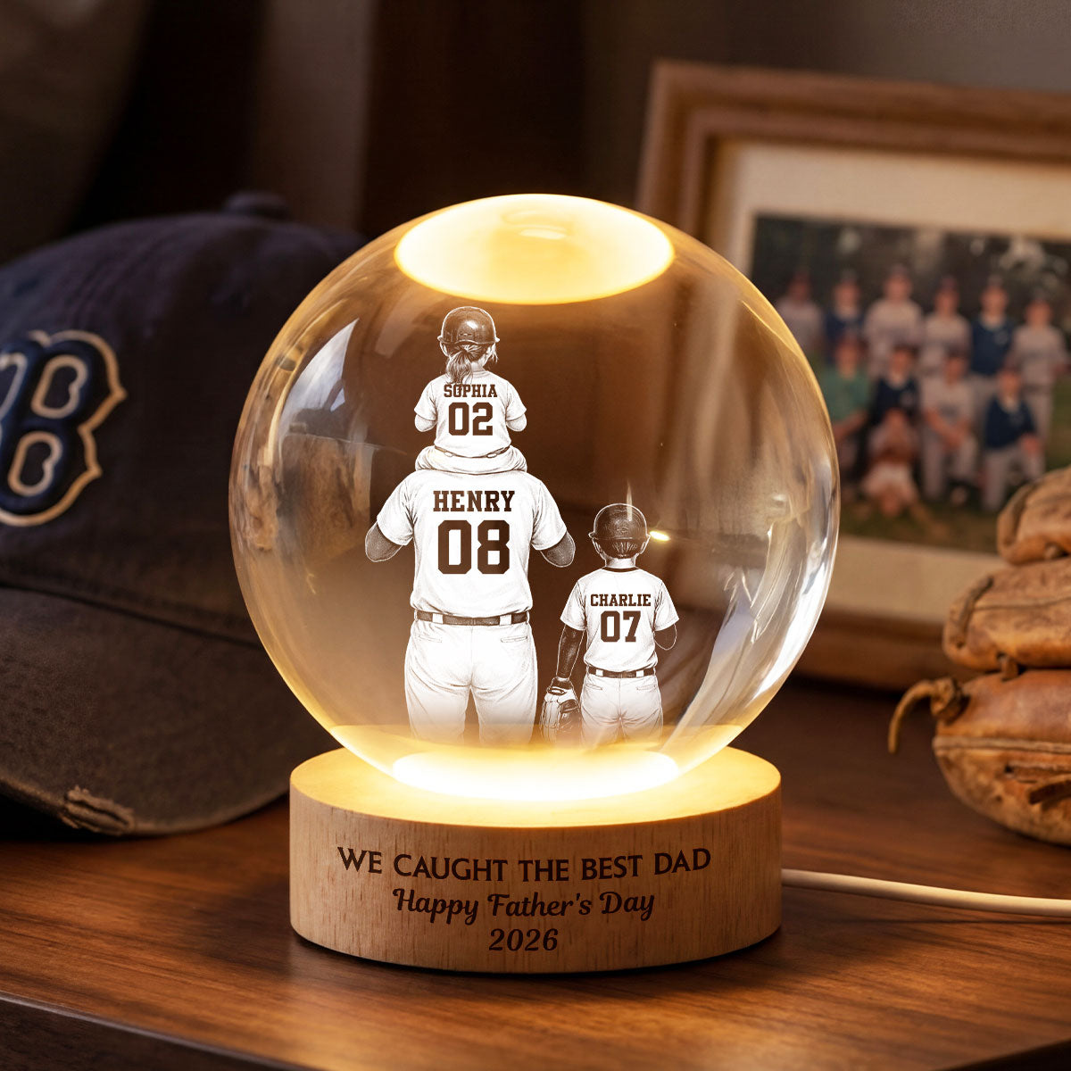 We Caught the Best Dad - Personalized Crystal Ball LED Night Light - Gift for Dad, Husband