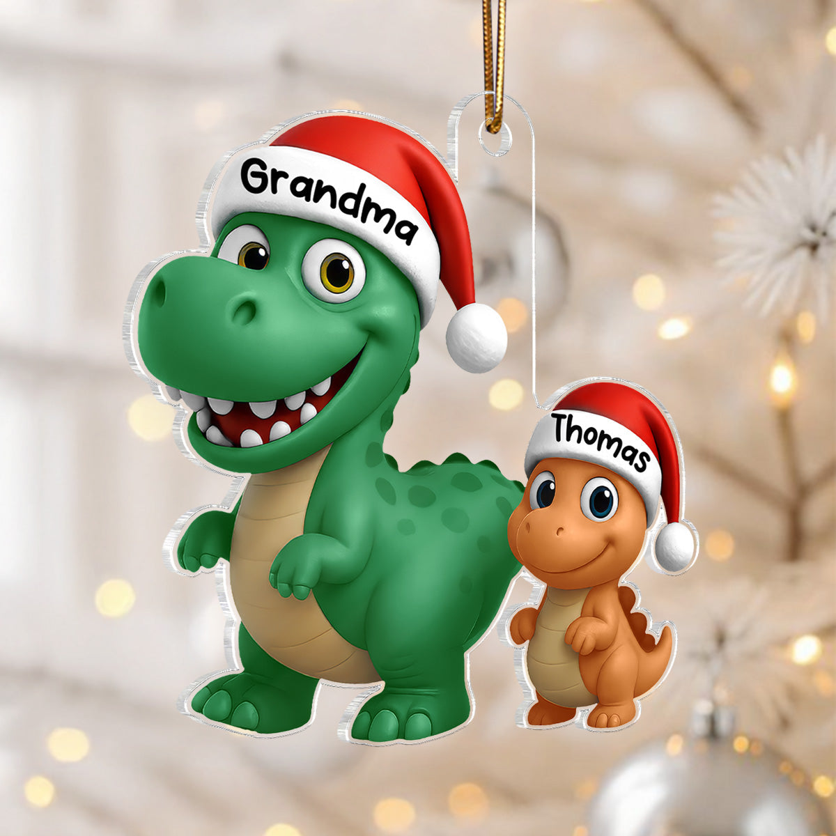 3D Effect Grandmasaurus Dinosaur Grandkid Walking Together - Personalized Acrylic Ornament
