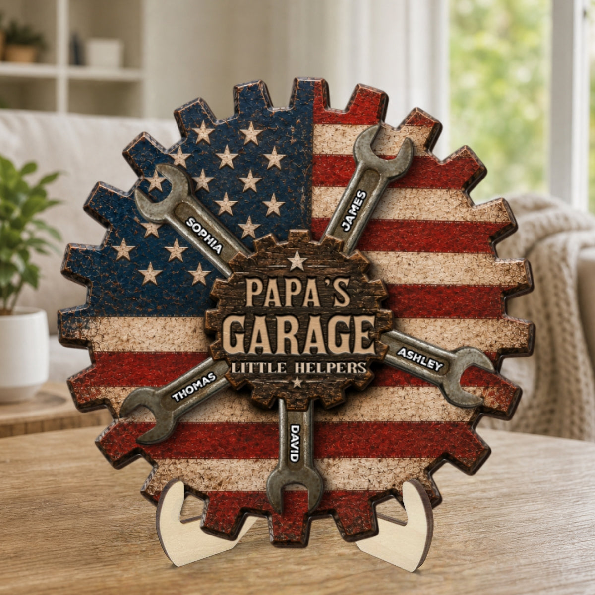 Rustic Workshop Little Helpers Nation Flag Theme 2D Flat - Personalized 2-Layered Wooden Plaque - Gift For Patriotic Mechanic Dad, Grandpa