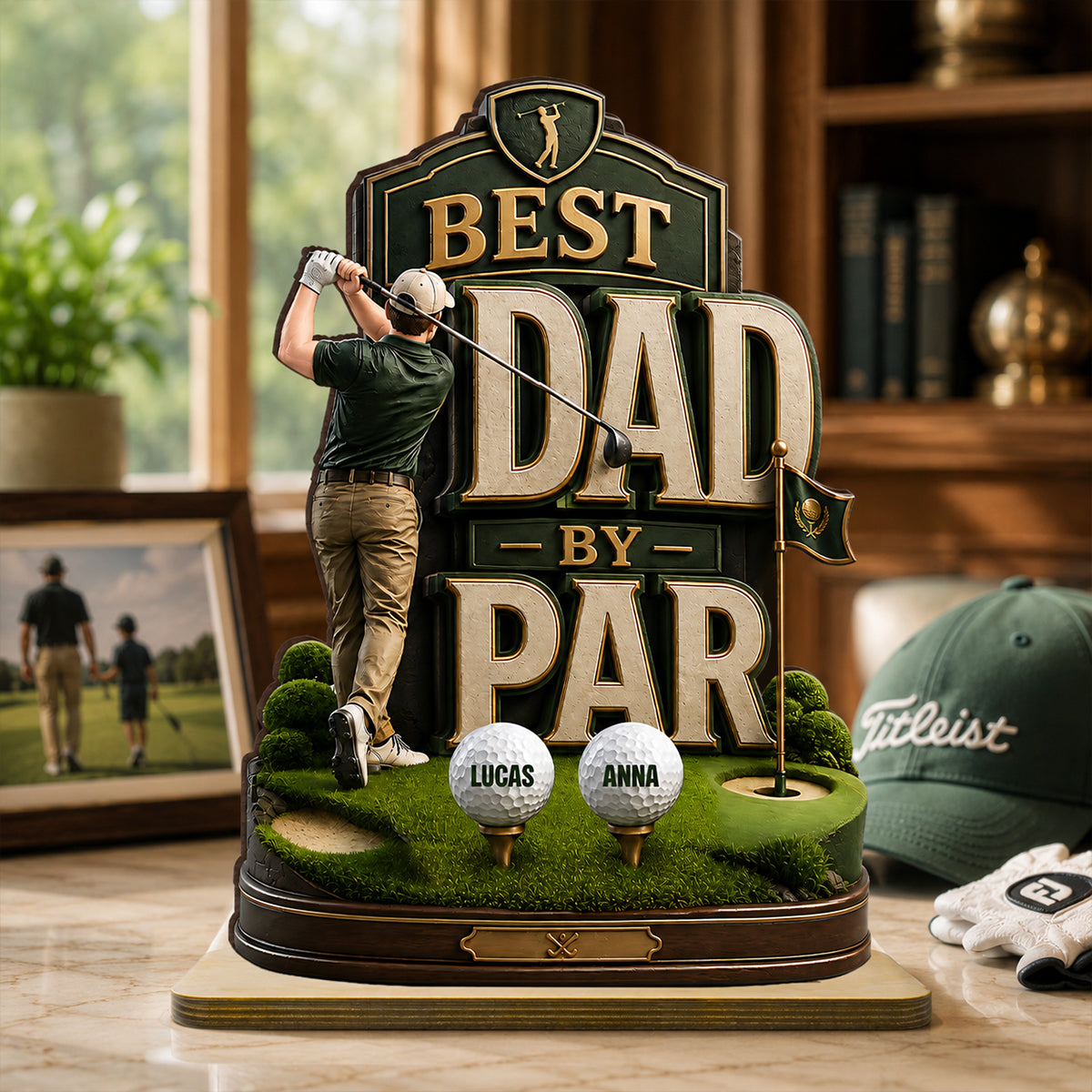 Golf Dad & Kids Best Dad By Par - Personalized 2-Layered Wooden Plaque - Gift For Dad, Husband