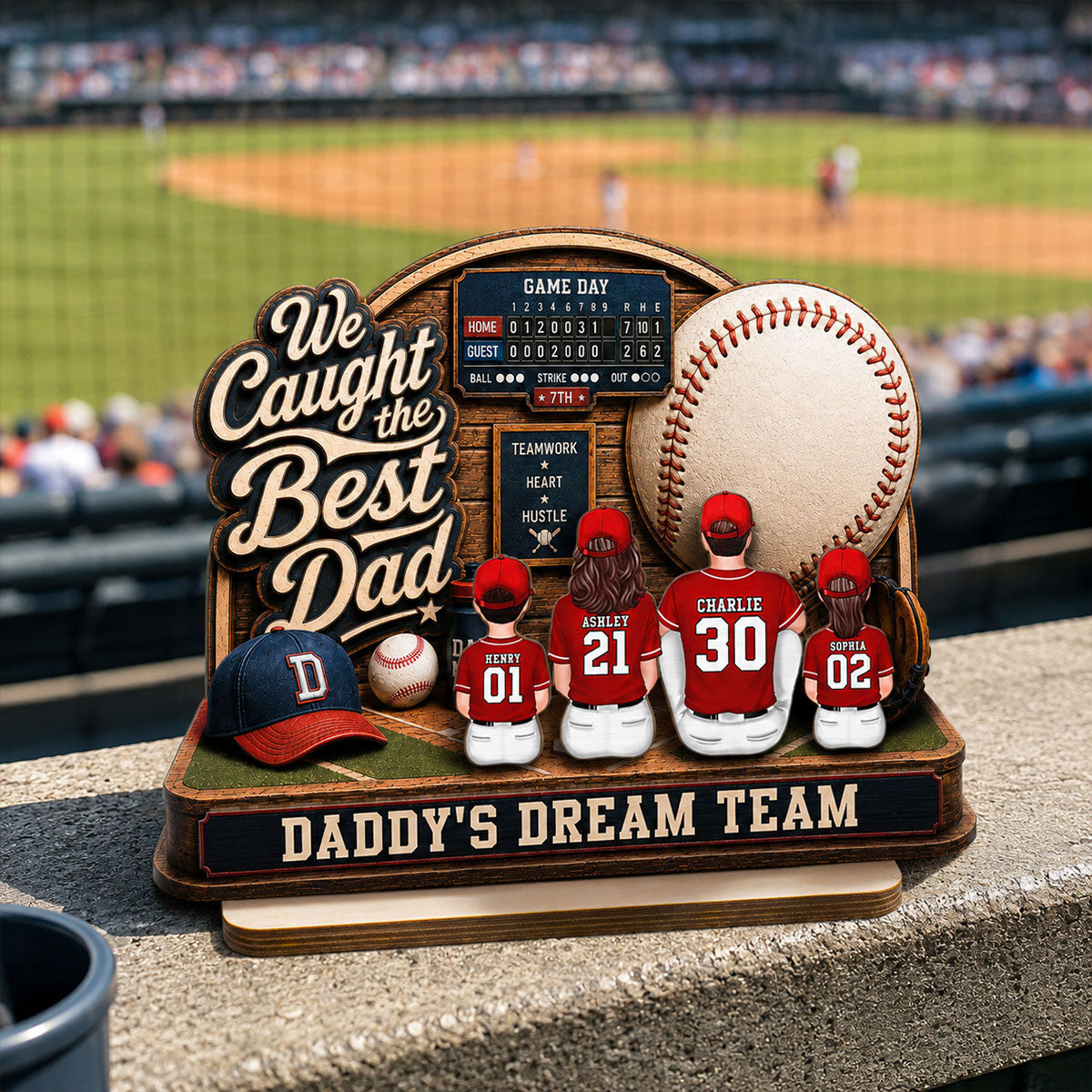 Baseball Things Dad & Kids Back View Sitting 2D Flat - Personalized 2-Layered Wooden Plaque - Happy For Baseball Dad
