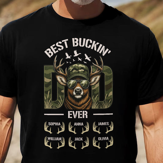 Father's Day Gifts, Hunter Dad Best Buckin' Dad Custom Kids Name - Personalized Shirt