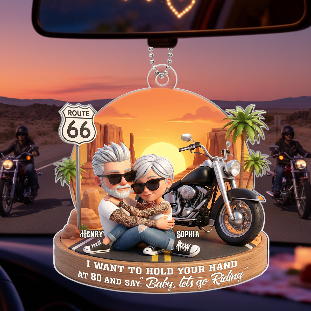 3D Effect Old Couple Baby Let's Go Riding - Personalized Acrylic Car Hanger - Sentimental Gift for him, for her