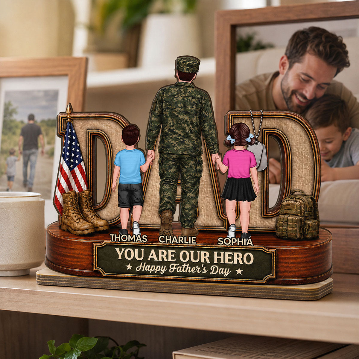 Proud American Army Dad You Are Our Hero - Personalized 2-Layered Wooden Plaque - Gift For Dad, Husband