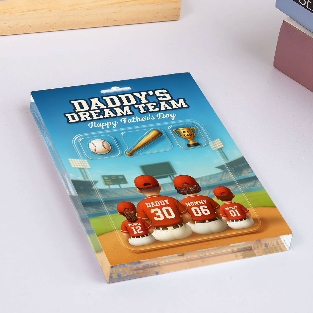 3D Effect Custom Figure Baseball Family Daddy's Dream Team Personalized Flat Acrylic Block Plaque, Unique Gift For Dad, Husband