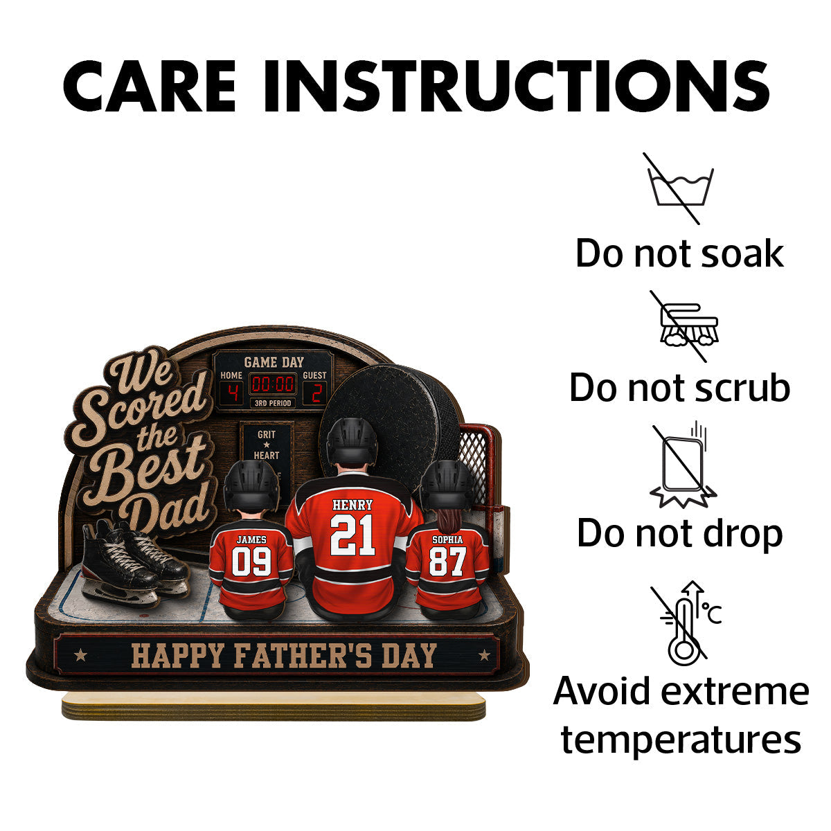 Hockey Dad & Kids Sitting On Court 2D Flat - Personalized 2-Layered Wooden Plaque - Gift For Hockey Dad