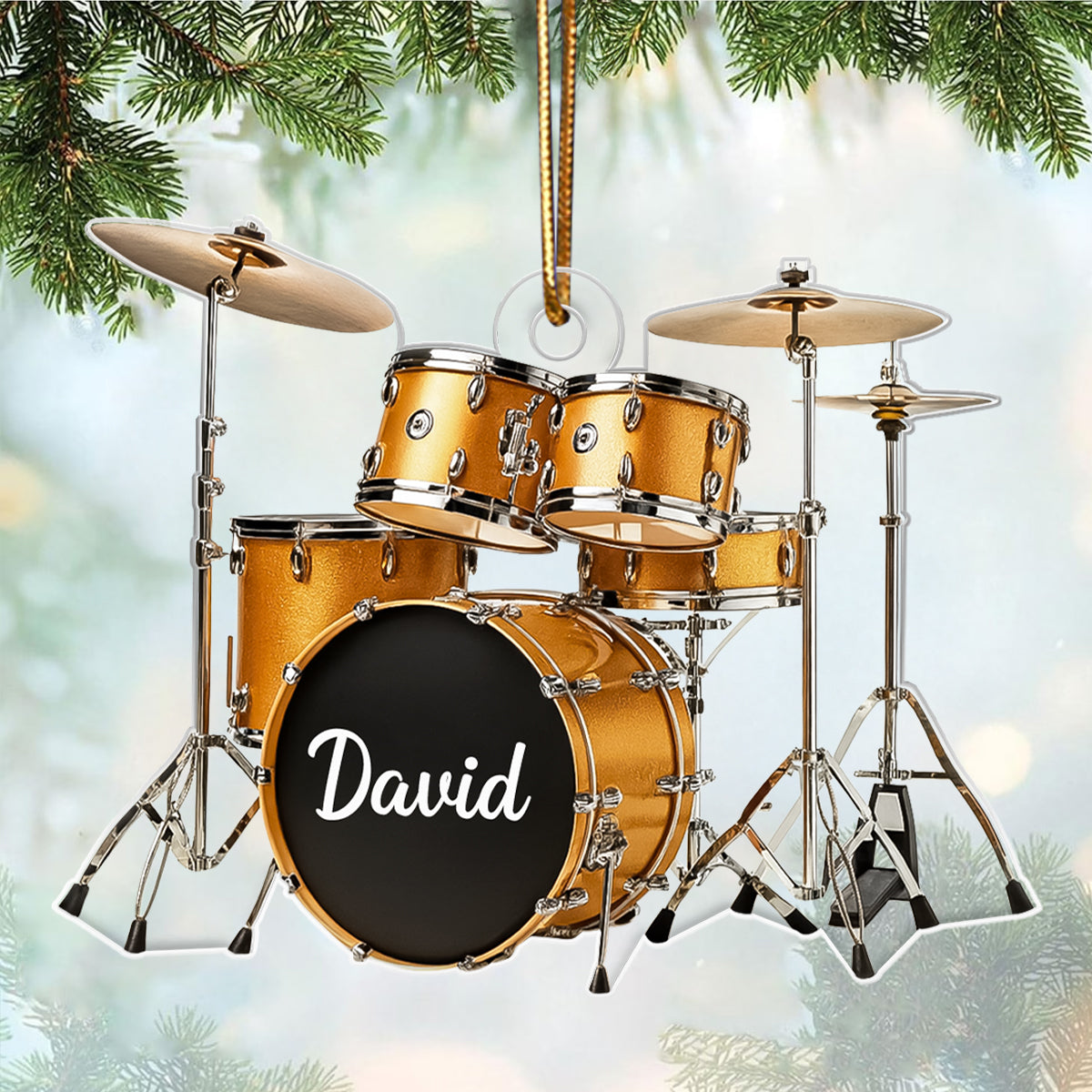 Custom Name Gold Drum Set - Personalized Acrylic Ornament - Thoughtful Drummer Christmas Gift, Musician Christmas Tree Hanging Decor