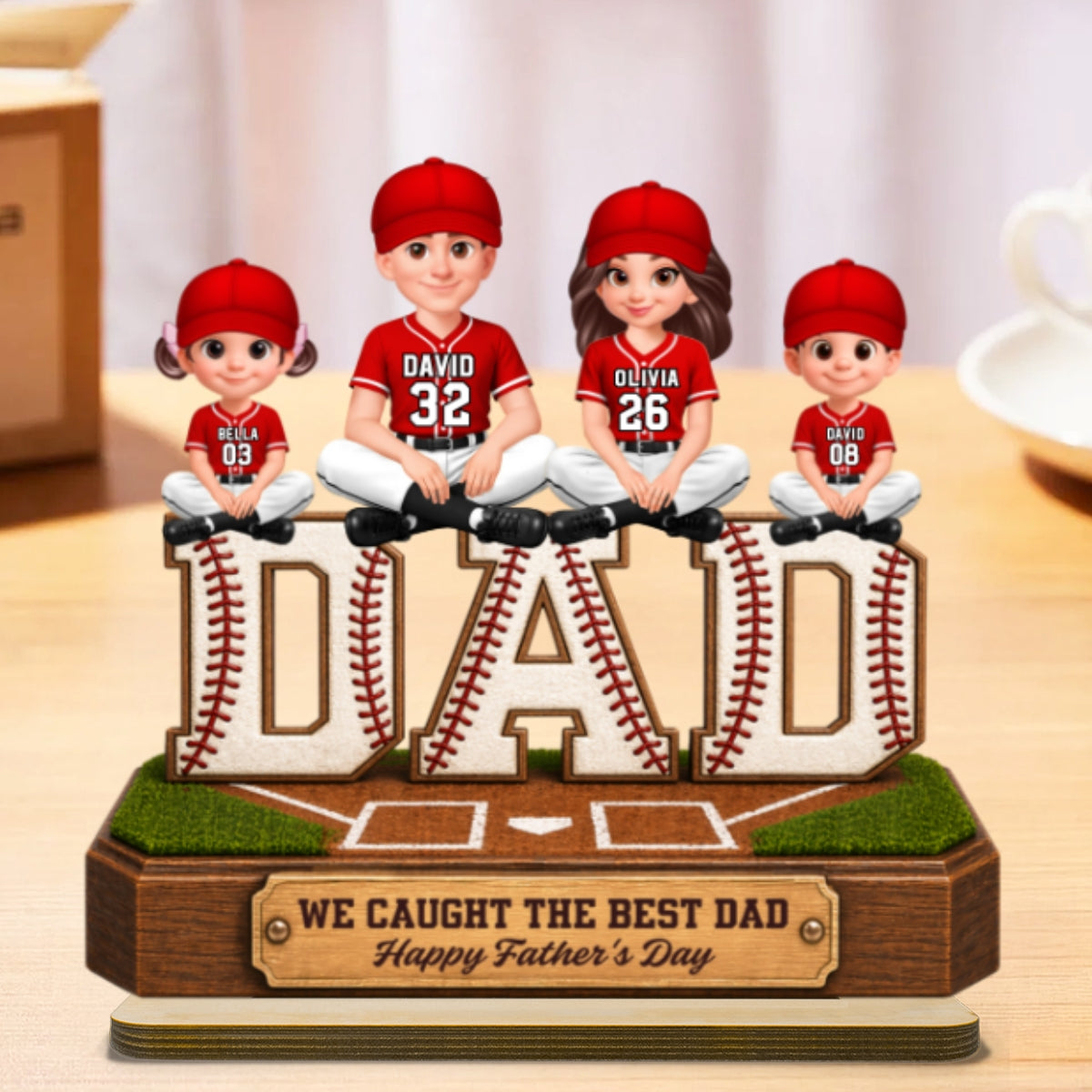 Baseball DAD We Caught The Best Dad - Personalized 2-Layered Wooden Plaque - Gift For Dad