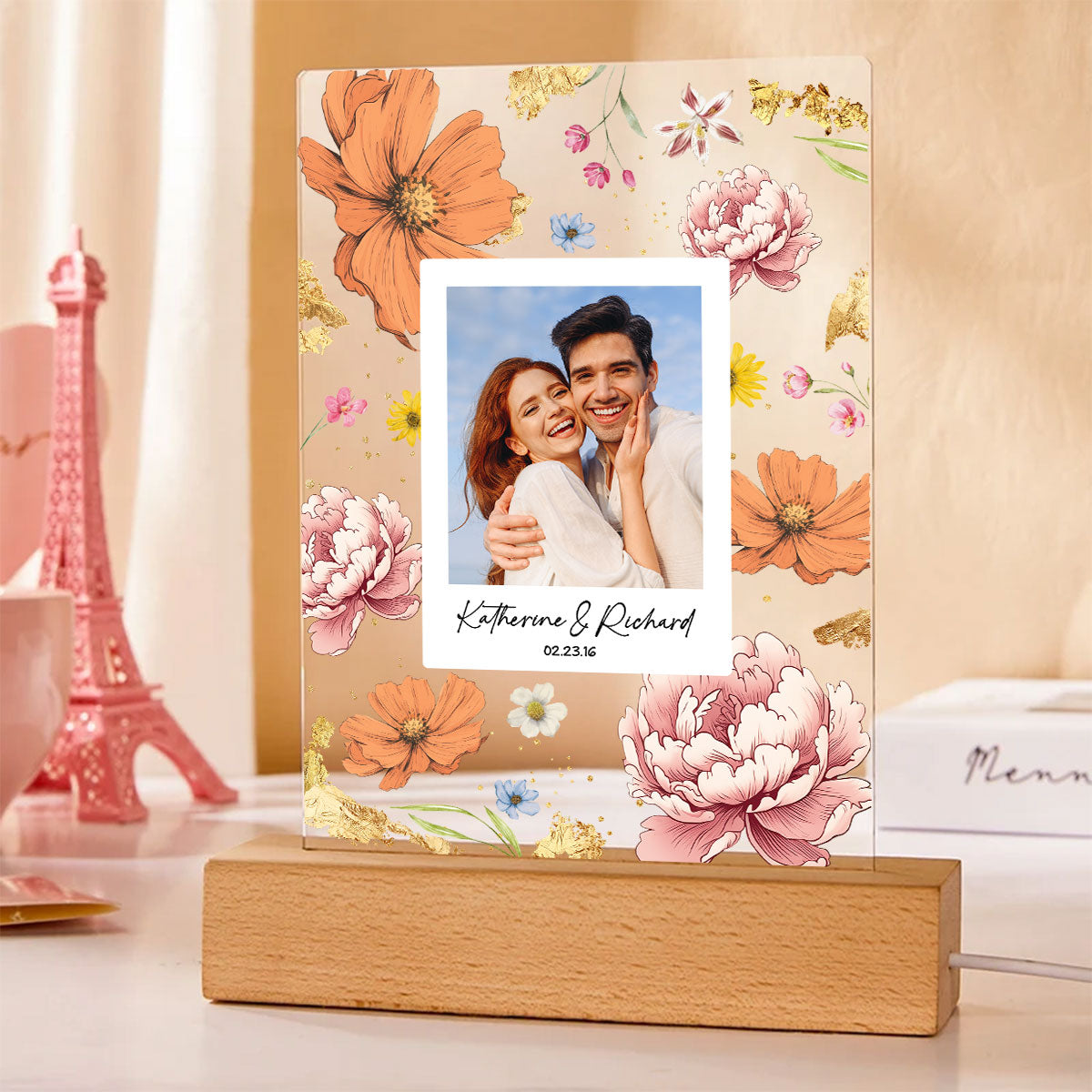 Couple Upload Photo Birth Month Flowers Personalized Acrylic LED Night Light, Anniversary Gift, Gift