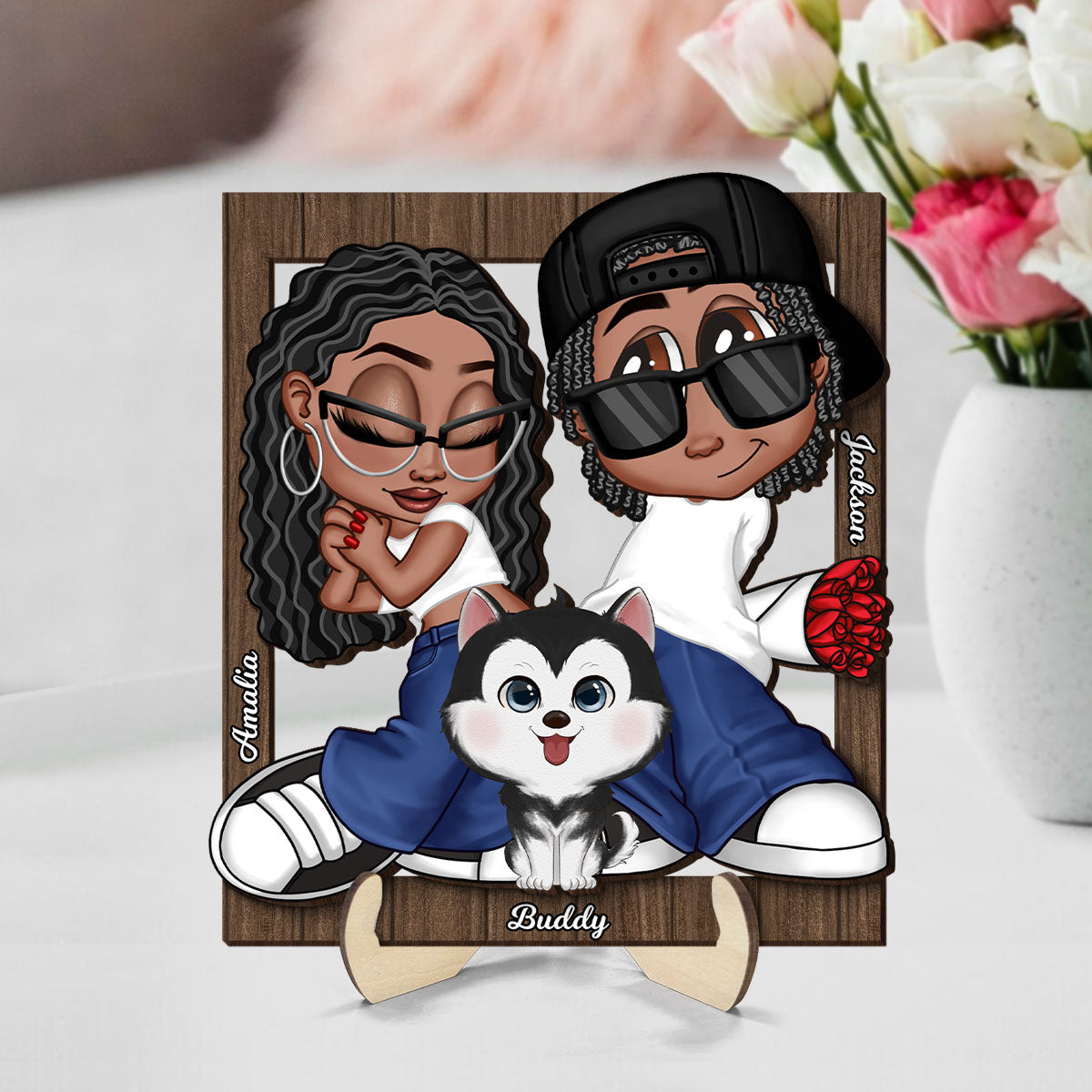 Y2K Couple Dogs Cats Frame Personalized 2-layer Wooden Plaque, Gift for Him, Gift for Her