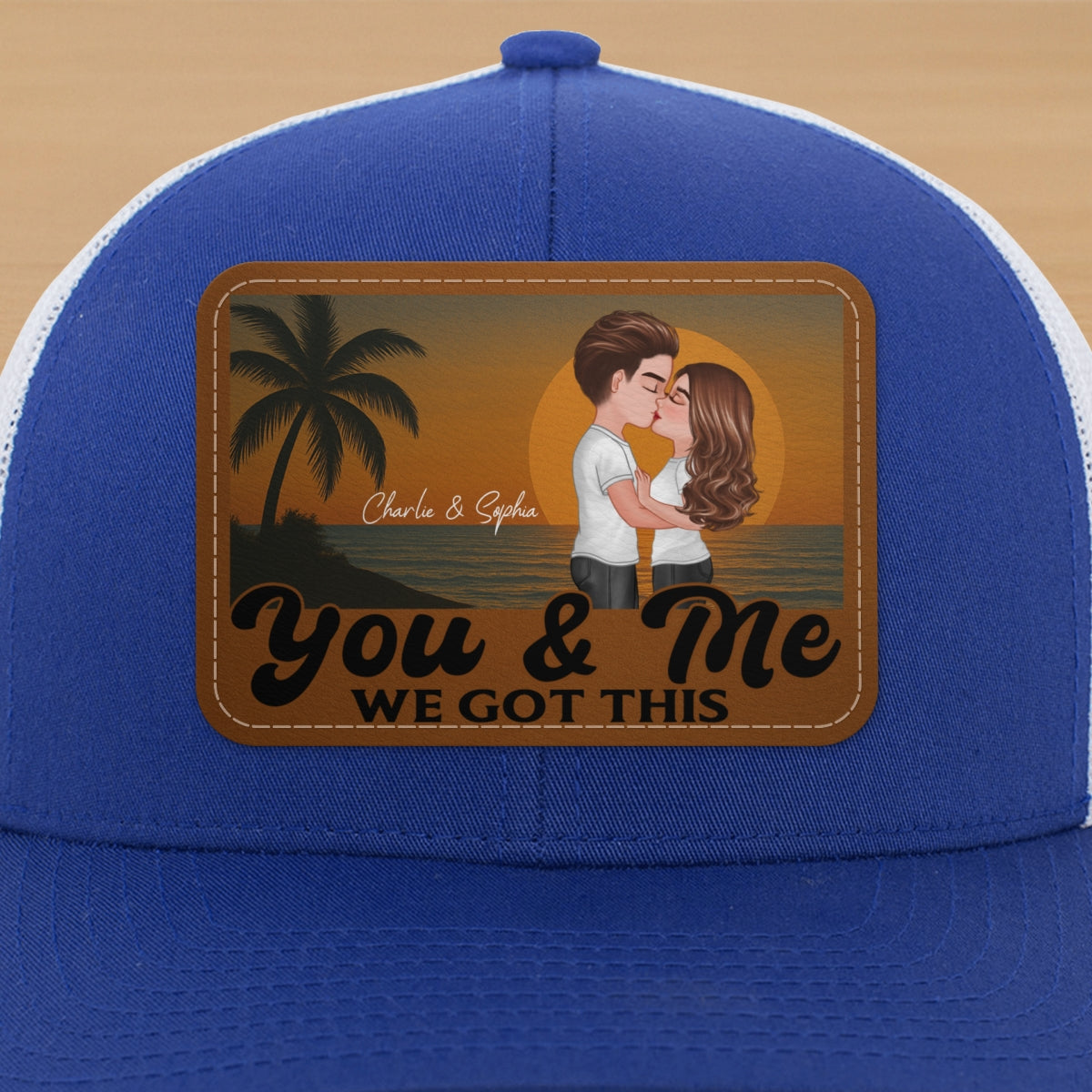 Retro Beach Summer Couple Kissing Personalized Leather Patch Hat
