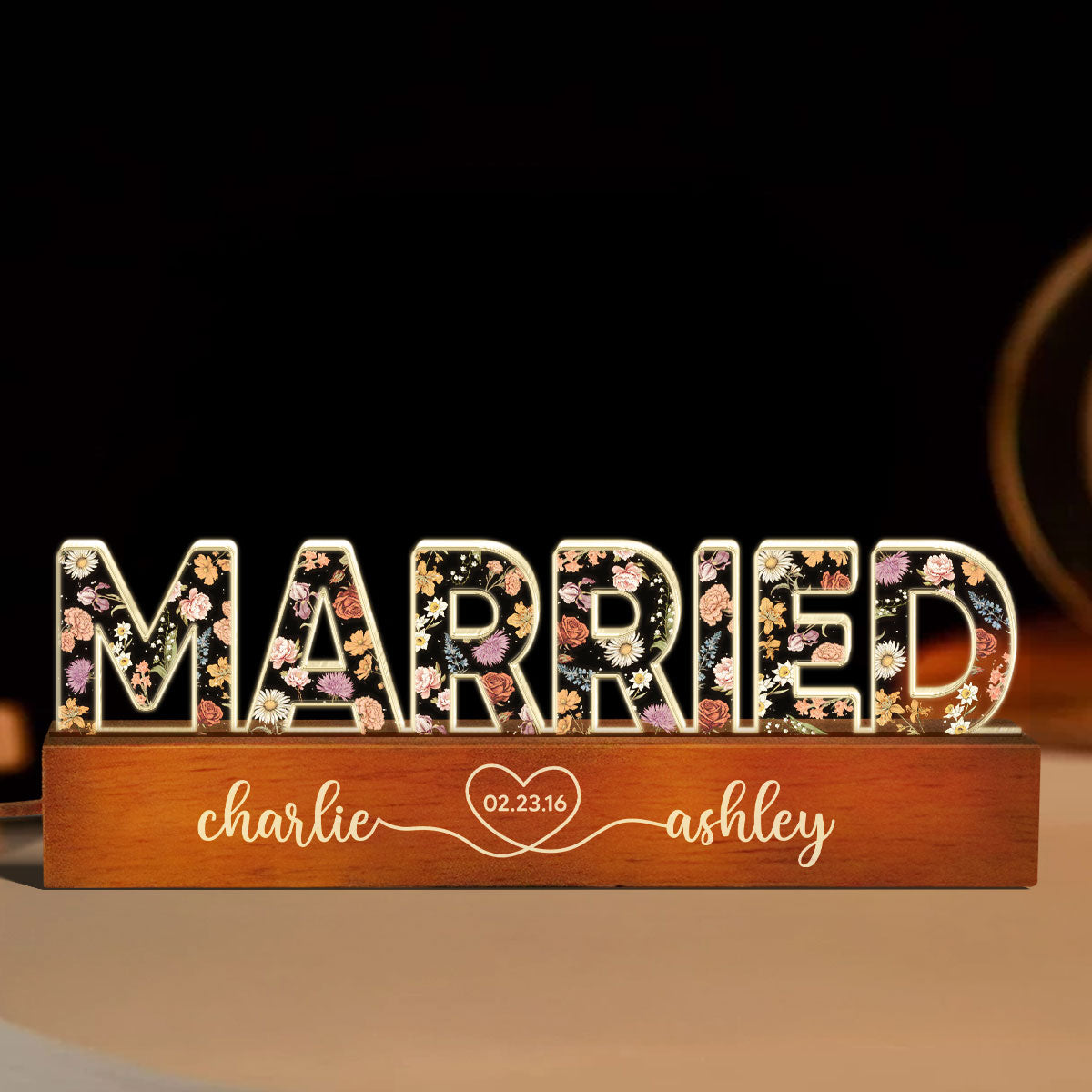 Personalized Couple Wedding Married Floral Theme Anniversary Gift Acrylic Block LED Night Light, Heartfelt 2025 Gift, For Him, For Her, For Husband, For Wife