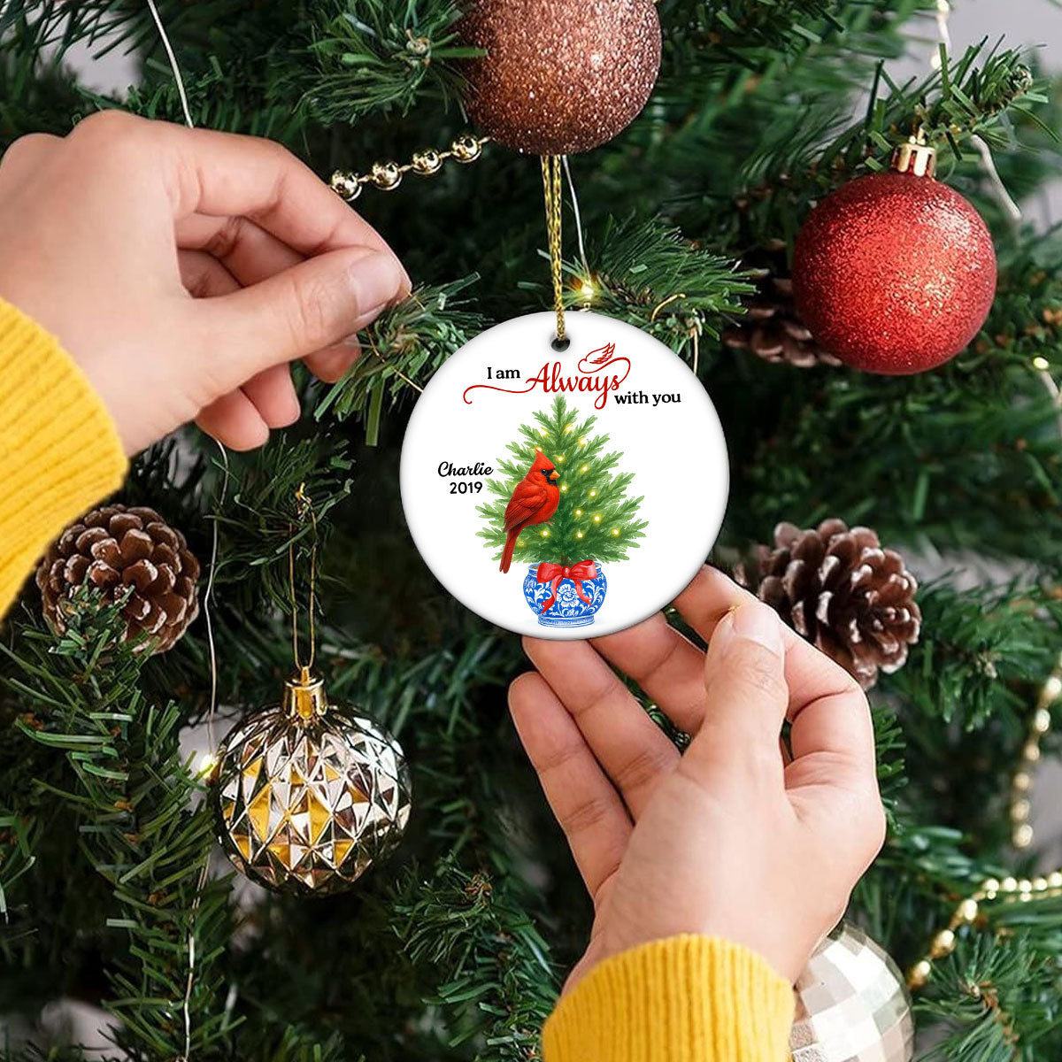 Cardinals Chinoiserie Christmas Always With You - Personalized Ceramic Ornament - Meaningful Sympathy Gift