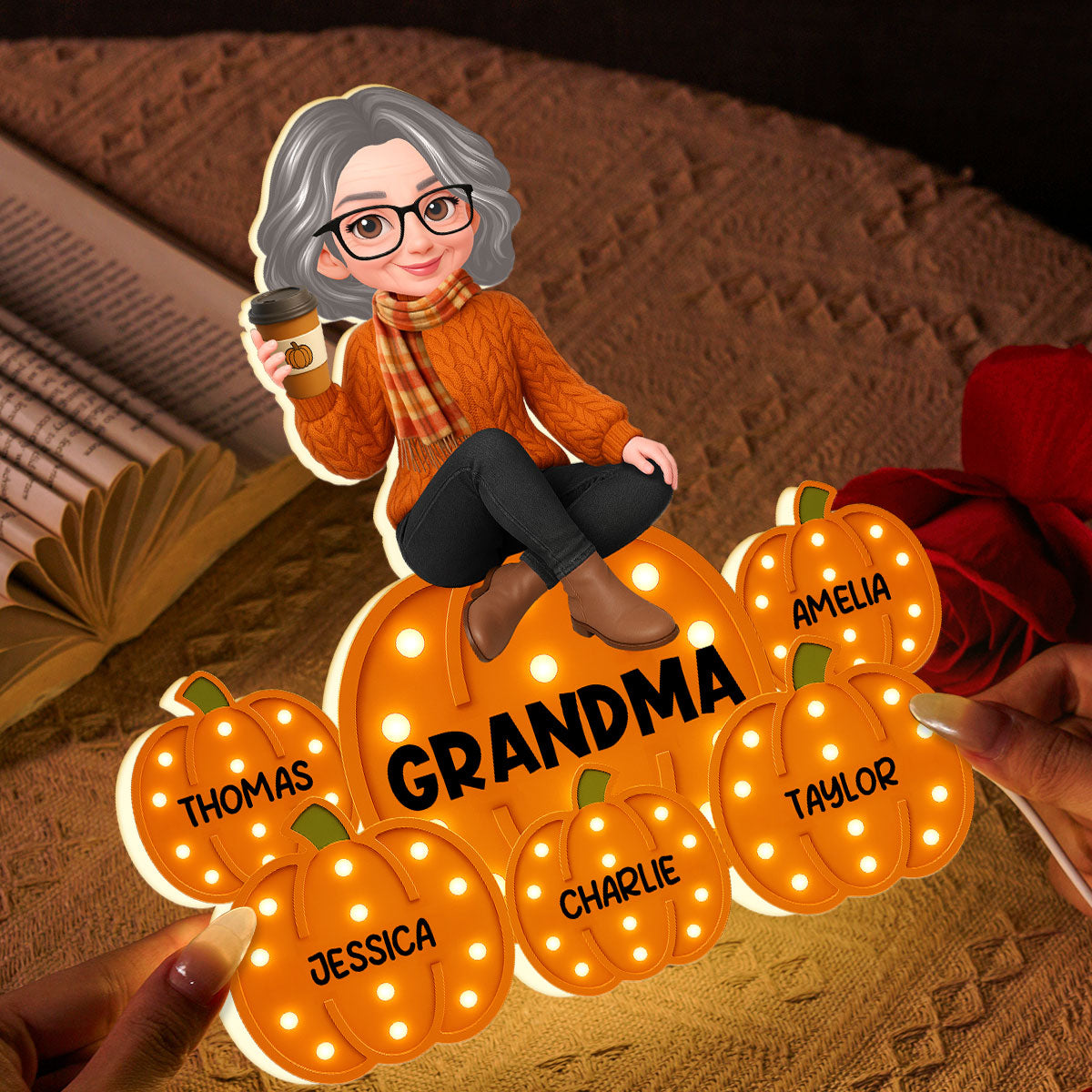 Fall Season Grandma Marquee Pattern Texture Pumpkins Kids Names Personalized LED Light Box