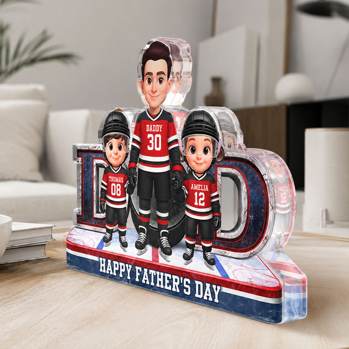 Hockey Dad And Kids Together Front View - Personalized Acrylic Block Plaque - Gift For Dad, Husband