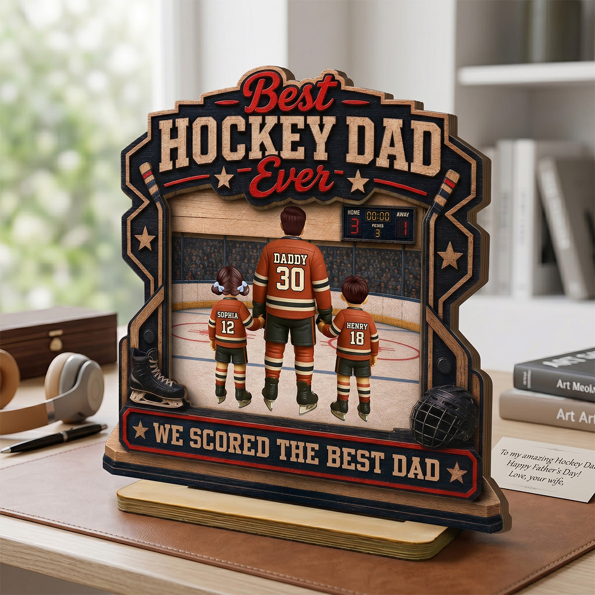 We Scored The Best Dad Hockey Dad & Kids - Personalized 2-Layered Wooden Plaque - Gift For Hockey Dad
