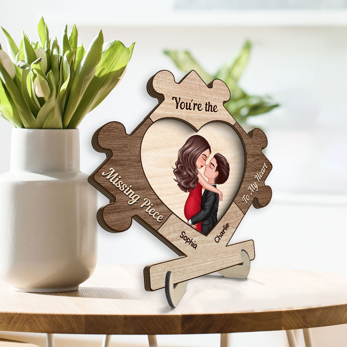 Couple Kissing In Puzzle Piece Personalized 2-layer Wooden Plaque, Gift For Him, For Her