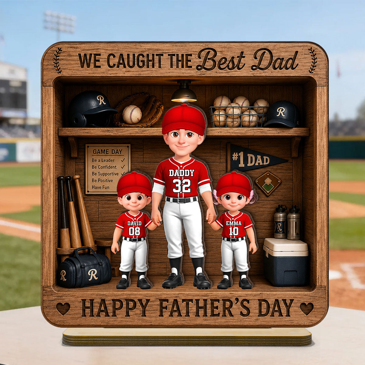 Baseball Dad & Kids Locker Room - Personalized 2-Layered Wooden Plaque - Gift For Dad, Husband