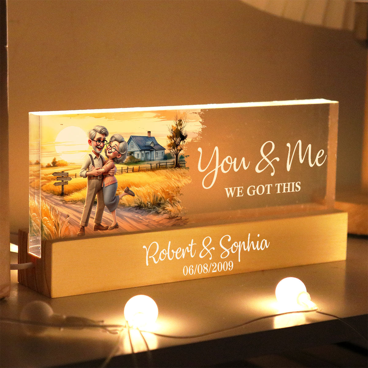 Happy Old Couple Vintage Farmhouse Personalized Acrylic Block LED Night Light, Anniversary For Him, For Her, Husband, Wife