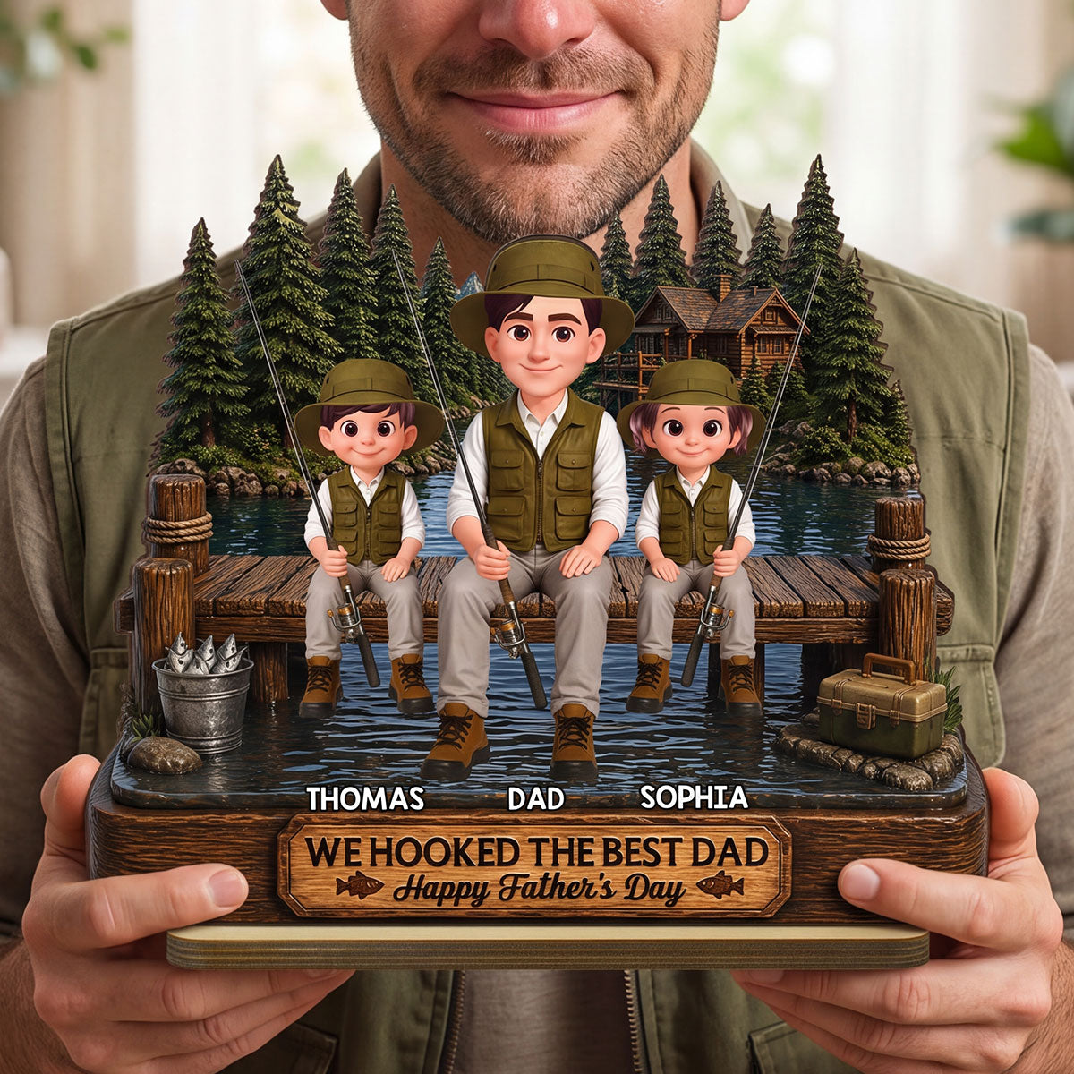 Fishing We Hooked The Best Dad - Personalized 2-Layered Wooden Plaque - Gift For Fishing Dad, Fishing Lovers