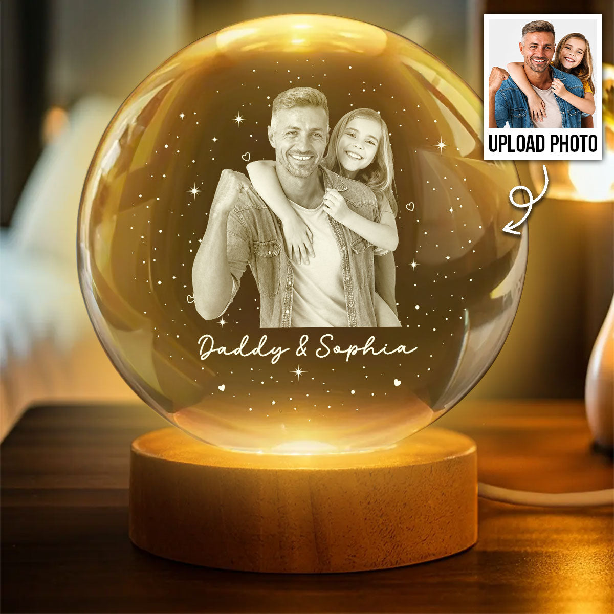 Dad And Kid Custom Upload Photo - Personalized Crystal Ball LED Night Light - Gift For Dad