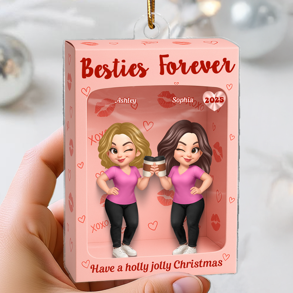 Besties XOXO Pretty Girls Cartoon Toy Box Style - Personalized Acrylic Ornament - Christmas Gift For Best Friends