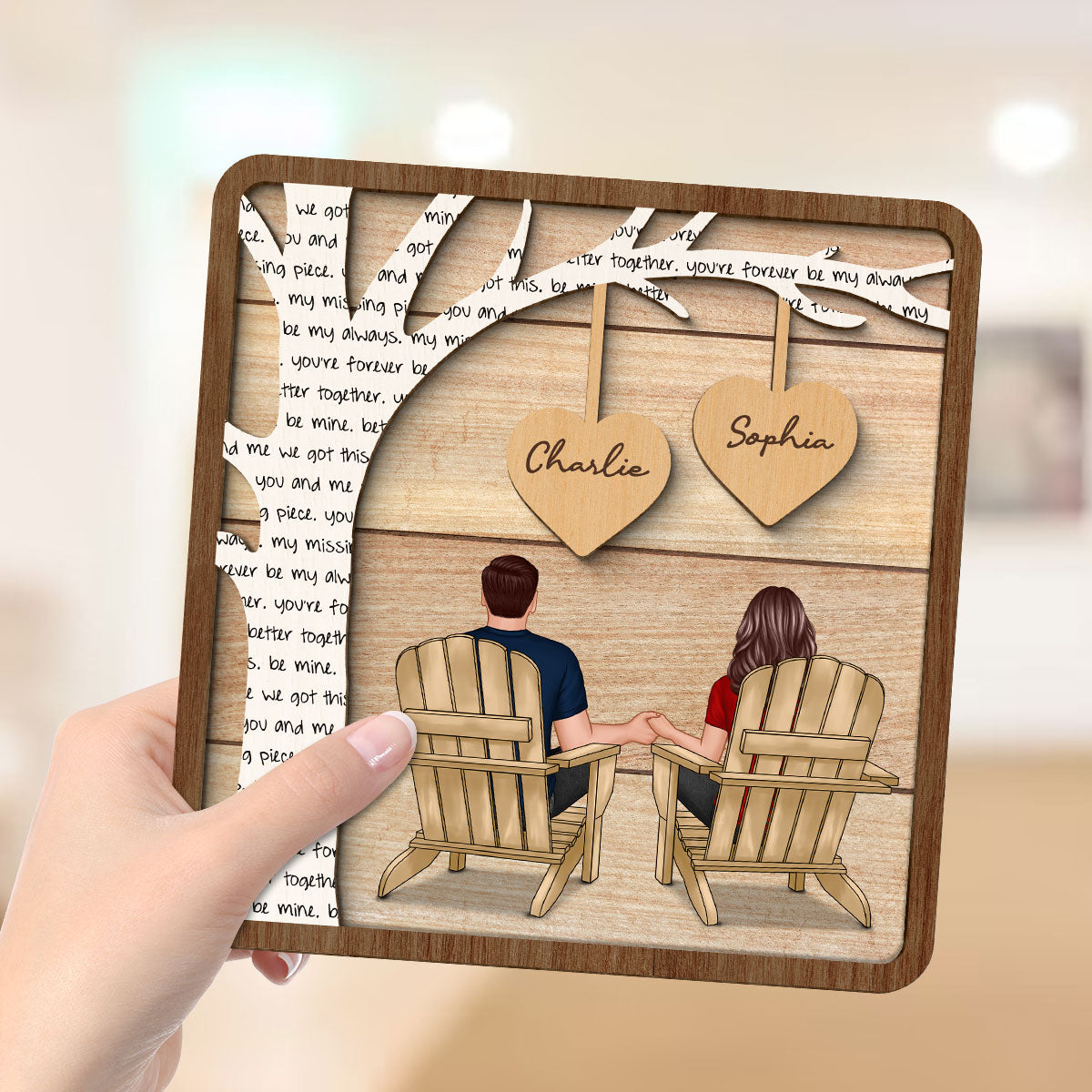 Couple Sitting Back View Under Text Tree Personalized 2-layer Wooden Plaque, Gift For Him, For Her
