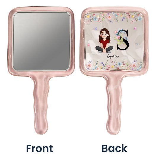 Initial Name With Floral - Personalized Handheld Mirror