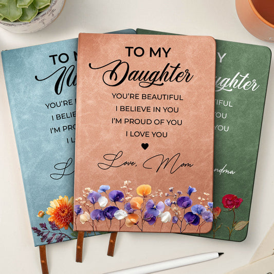 Inspirational Gift For Her Faux Pressed Birth Flower - Personalized Leather Journal