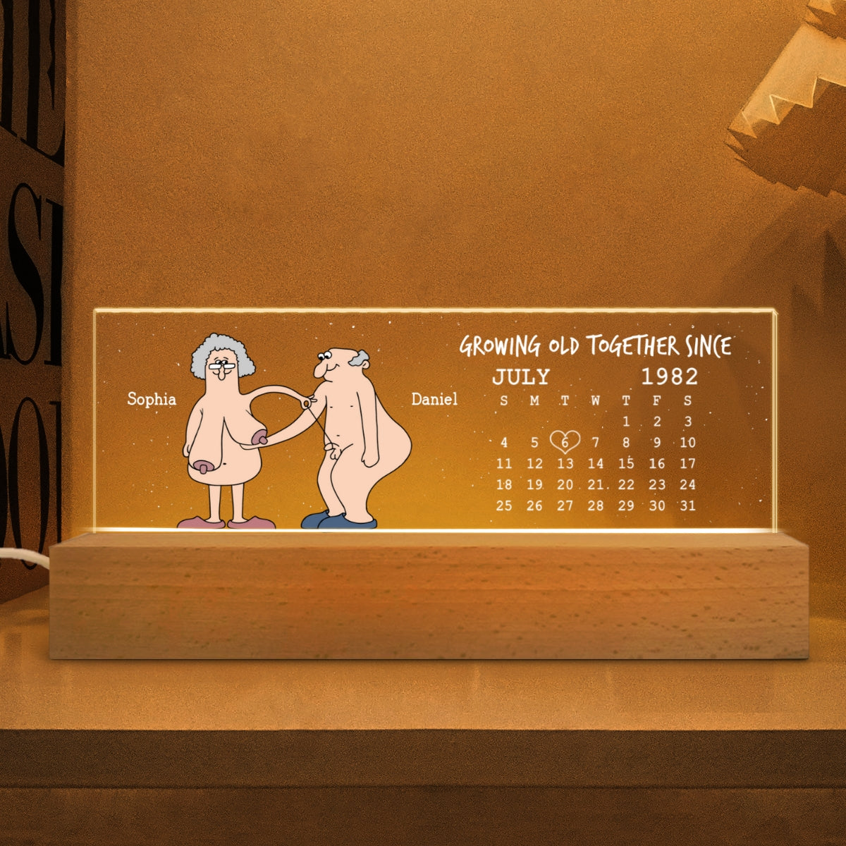 Growing Old Together Funny Old Couple Anniversary Calendar Keepsake Gift Personalized Acrylic Block LED Night Light